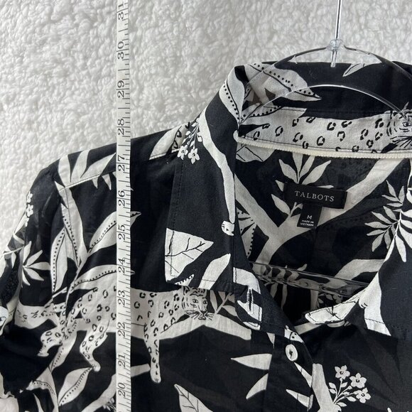 Talbots M Shirt Tropical Panther Jungle Cat Print Sheer Blouse Black White Top - Picture 6 of 11